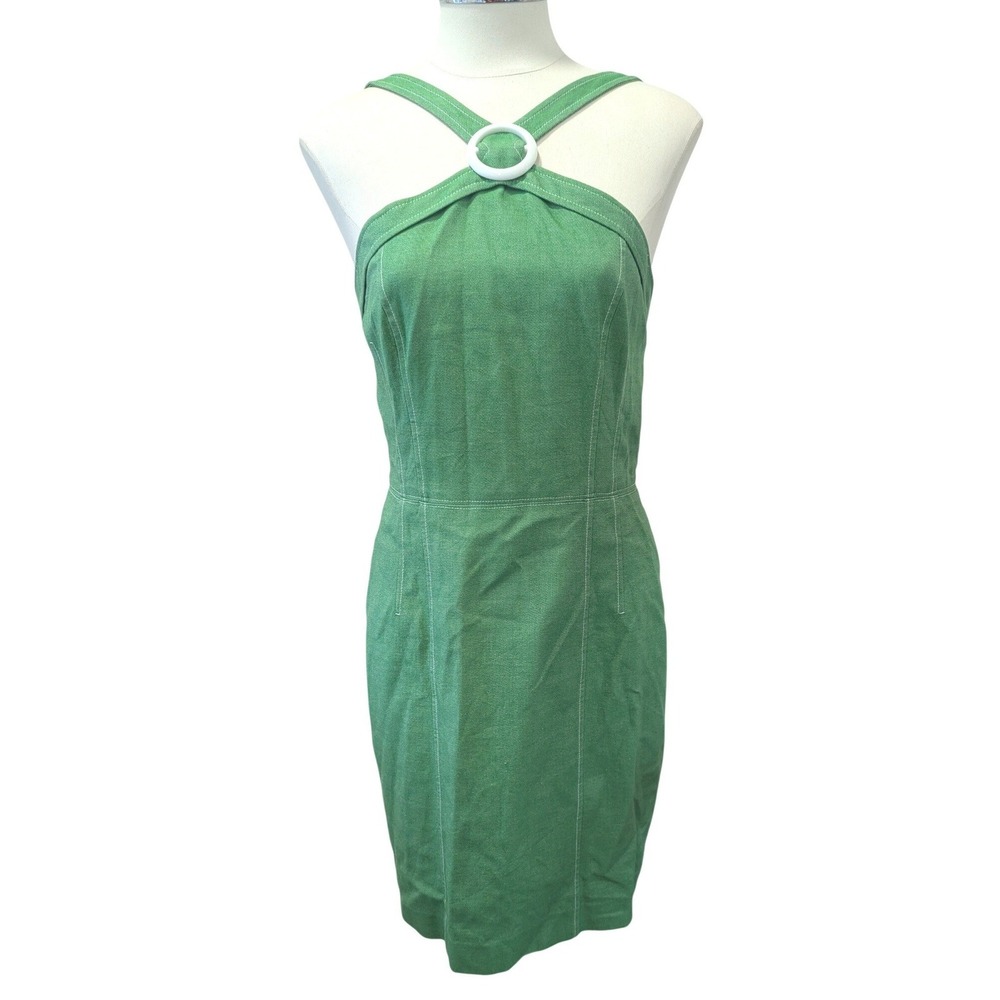 David Meister Green Cotton‎ Halter Ring Sheath Dress Contrast Stitching Size 8